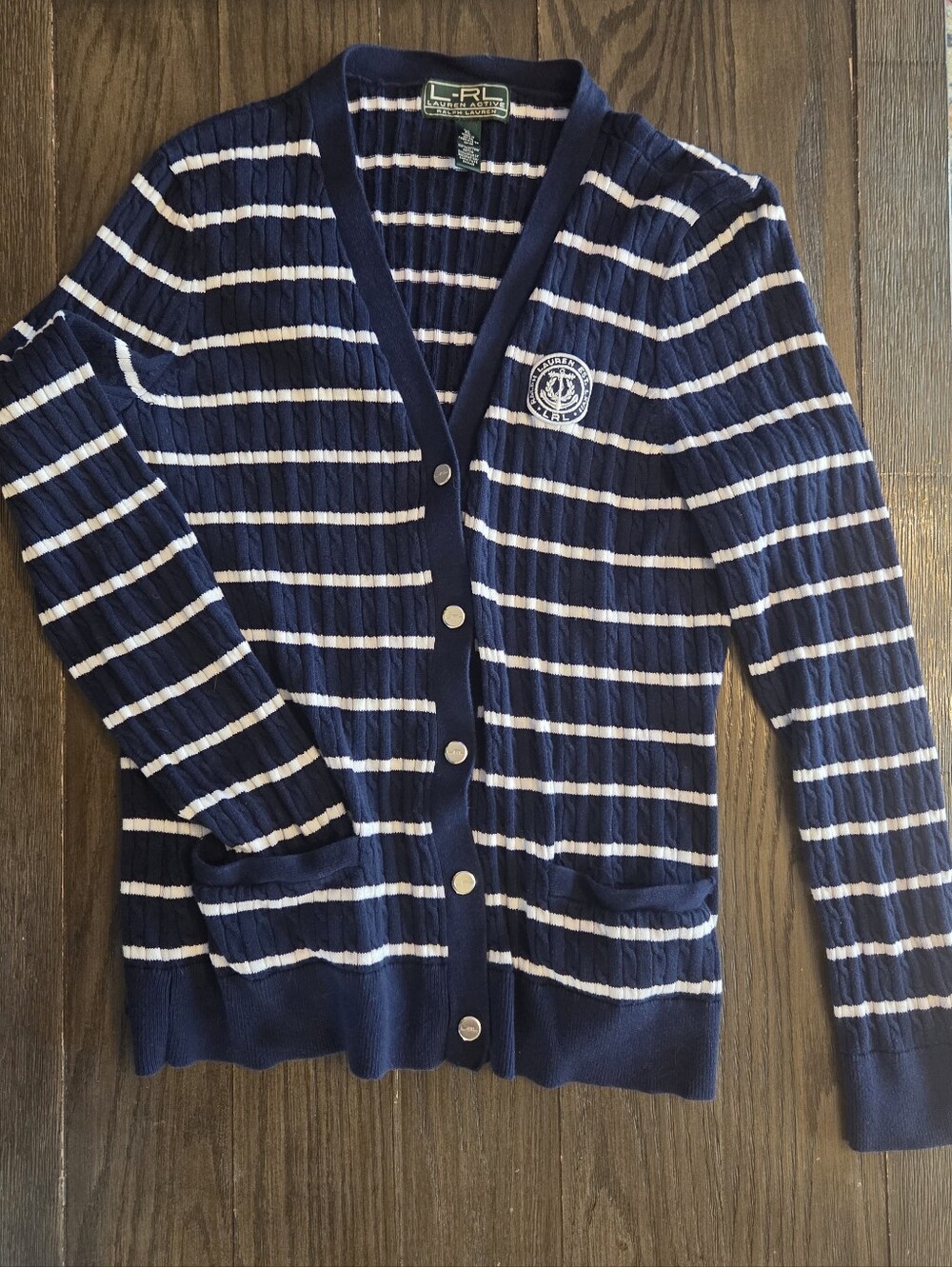 L-RL Ralph Lauren Navy & White Striped V-Neck Cardigan
